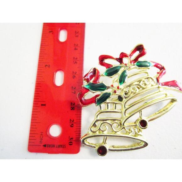 Vintage Christmas Bells Goldtone Brooch Holiday Pin Large - Picture 3 of 3